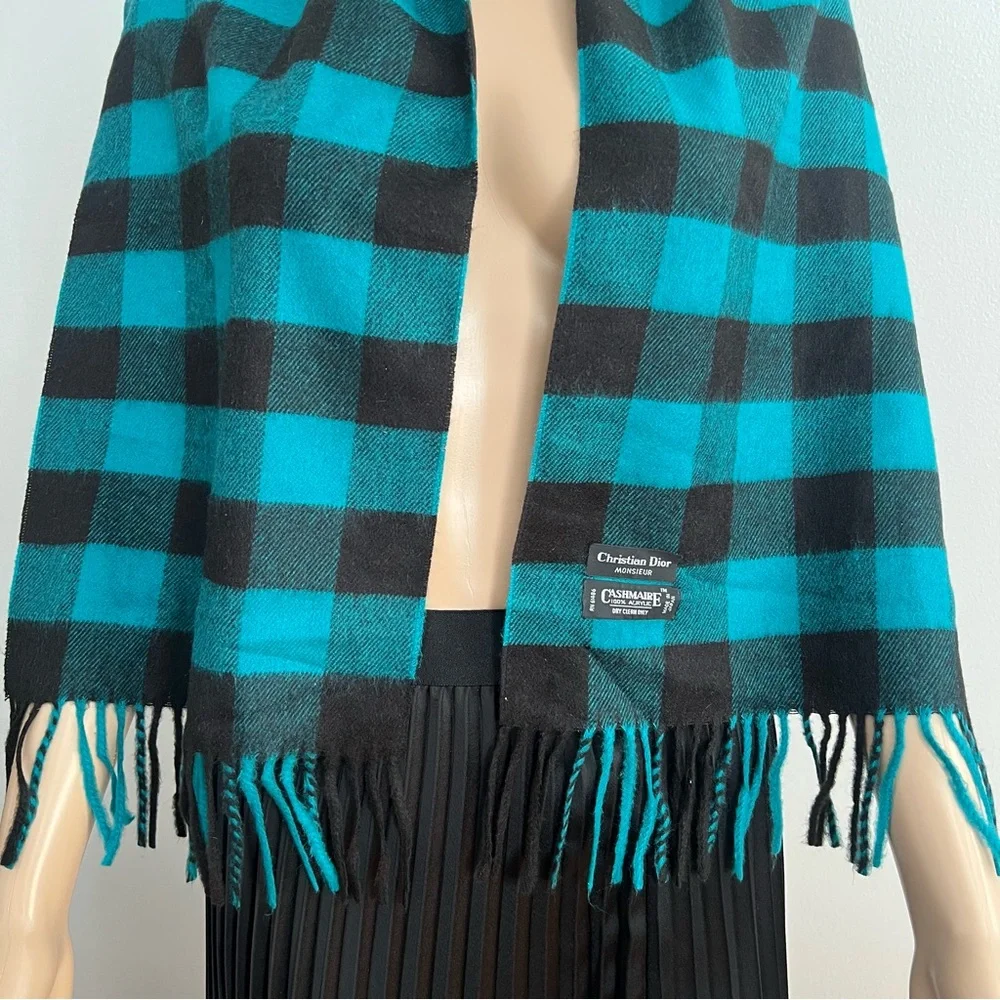 Vintage Christian Dior Monsieur Teal Black Plaid Fringe Scarf Men’s